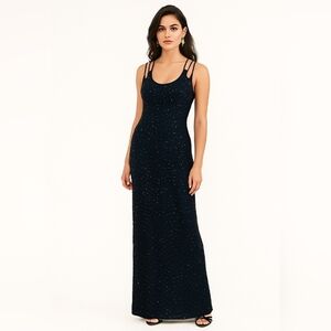 *rare* Scala Vintage Silk Sequin Formal Maxi Gown Dress Blue‎ Spaghetti Sz Large